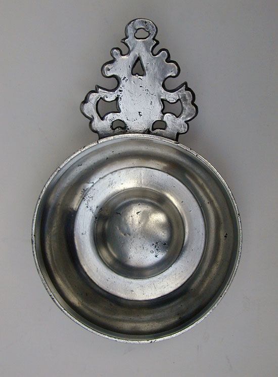A Small Unmarked Boardman Pewter Porringer with Old English Handle