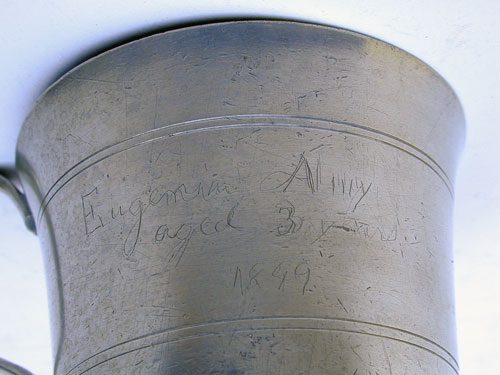 A Handled American Pewter Beaker with Inscription