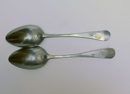 A Pair of Export Pewter Spoons by Thomas & Townsend Compton