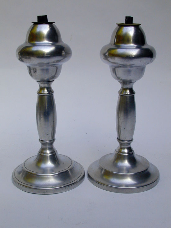 A Fine Pair of Antique American Gleason Pewter Whale Oil Lamps