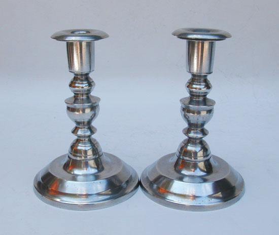 A Pair of Antique American Pewter Candlesticks by Rufus Dunham