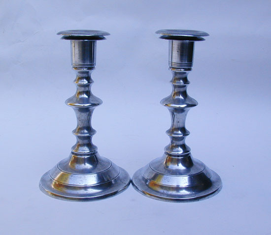 A Pair of Antique American Pewter Candlesticks by Freeman Porter