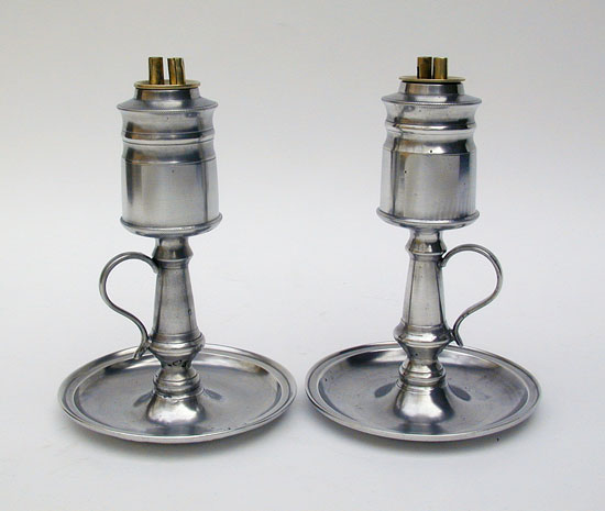 A Fine Pair of Unmarked American Cylinder Font Saucer Based Pewter Lamps
