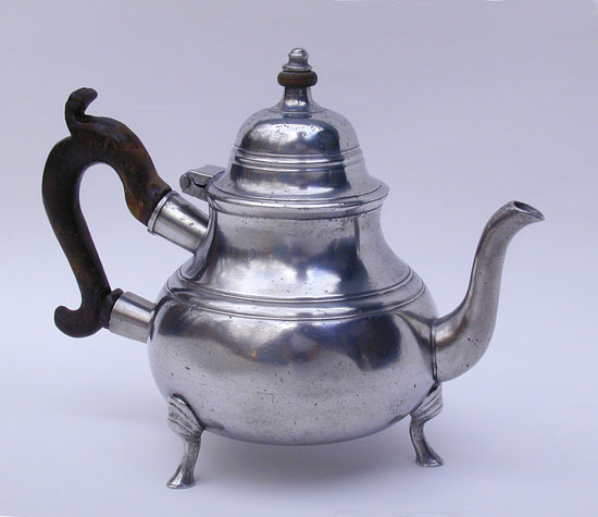 An Export Pewter Three Footed Pear Form Teapot by Samuel Ellis